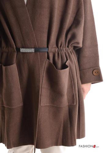 long sleeve Duster Coat with belt with rhinestones with pockets - ph 4