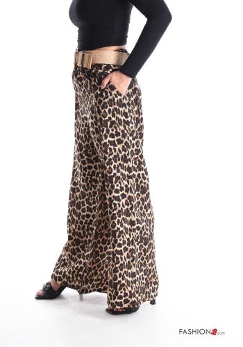 Pantalones wide leg Estampado animal con bolsillos con cinturón con elástico - ph 3