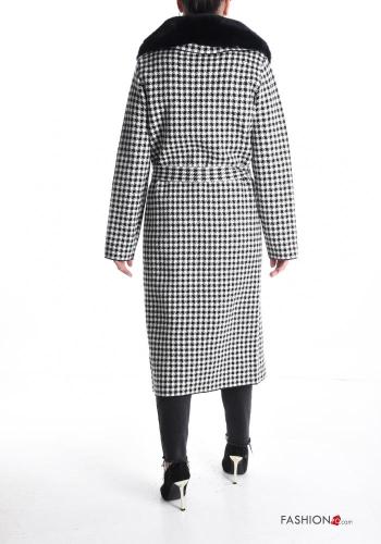 Houndstooth faux fur Coat with pockets with fabric belt - ph 2