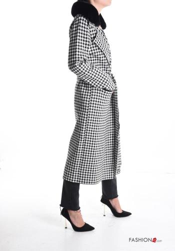 Houndstooth faux fur Coat with pockets with fabric belt - ph 3