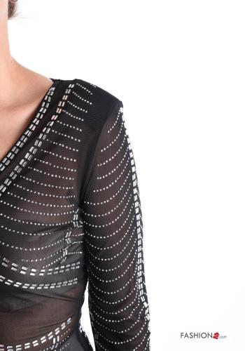 lange ärmel lange Kleid mit V-Ausschnitt mit Nieten - ph 4