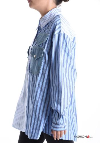 Chemise en Coton à collet Imprimé à rayures à boutons avec poches - ph 3