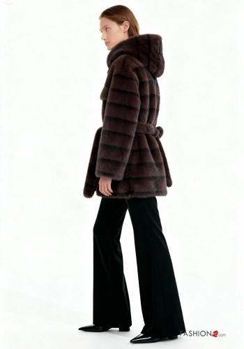 Blusão pelo sintético manga comprida com capuz com bolsos com cinto com strass com botões - ph 3