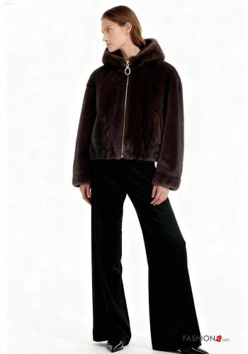 Giacca pelliccia sintetica con zip con tasche con cappuccio - ph 1