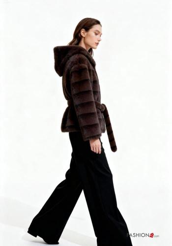 Giacca pelliccia sintetica con tasche con cintura con cappuccio con fodera con bottoni - ph 2