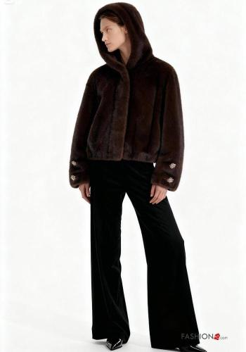 Cappotto pelliccia sintetica con zip con bottoni con cappuccio senza fodera con tasche - ph 1