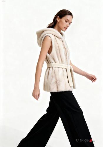 Smanicato pelliccia sintetica con tasche con cintura con cappuccio con fodera con bottoni - ph 1