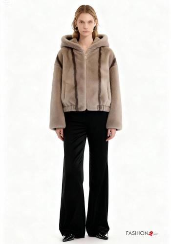 Cappotto pelliccia sintetica maniche lunghe con fodera con tasche con cappuccio - ph 1