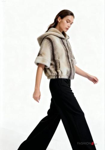 Cappotto pelliccia sintetica maniche a tre quarti con fodera con zip con tasche con cappuccio - ph 1