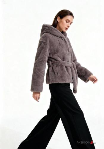 Giacca pelliccia sintetica con strass con cintura con cappuccio con fodera con bottoni - ph 1