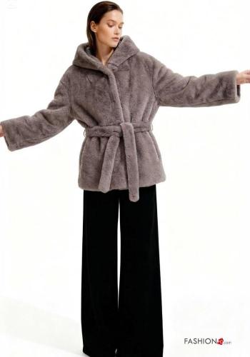 Giacca pelliccia sintetica con strass con cintura con cappuccio con fodera con bottoni - ph 2