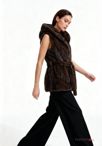 Colete pelo sintético com capuz com cinto com bolsos com botões com forro - ph 1