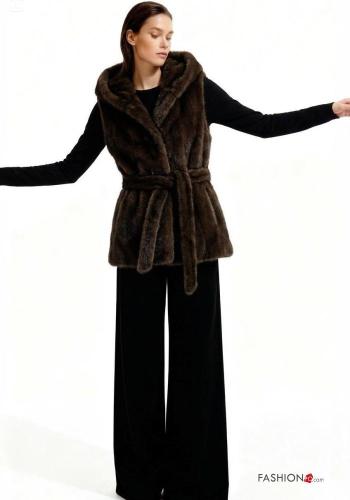 Colete pelo sintético com capuz com cinto com bolsos com botões com forro - ph 2