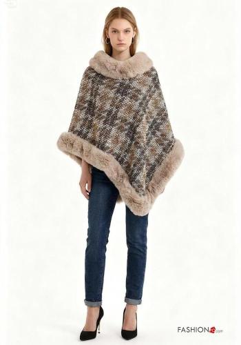 Poncho in Misto Lana pelliccia sintetica Fantasia pied de poule - ph 1
