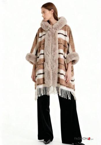 Tartan faux fur Cape with hood with fringe - ph 1