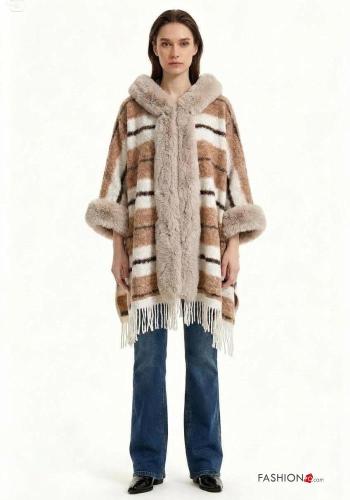 Tartan faux fur Cape with hood with fringe - ph 2
