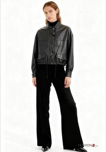 Blouson Style Motard faux cuir à collet à boutons avec doublure - ph 1