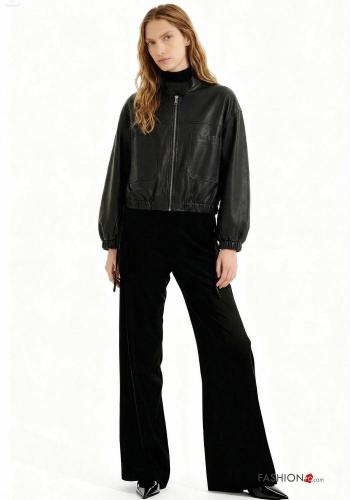 Kunstleder u-boot ausschnitt lange ärmel Bikerjacke mit Knöpfen mit kordelzug mit Taschen - ph 1