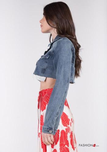 Denim mit kragen kurz roher saumabschluss Jacke aus Baumwolle mit Knöpfen mit Taschen - ph 3