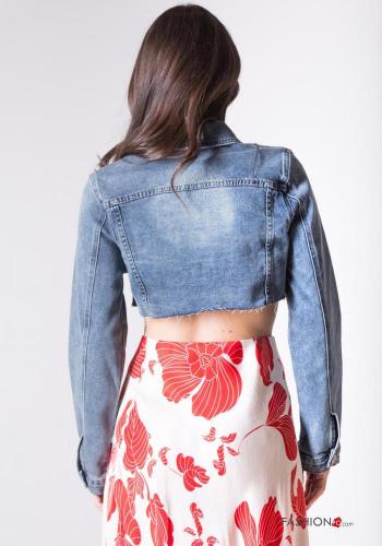 Denim mit kragen kurz roher saumabschluss Jacke aus Baumwolle mit Knöpfen mit Taschen - ph 4