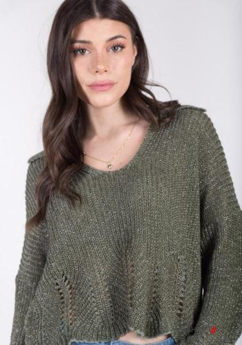 Lurex mit kragen extra lange ärmel Strickpullover aus Baumwolle mit V-Ausschnitt - ph 2