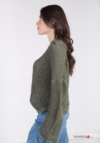 Lurex mit kragen extra lange ärmel Strickpullover aus Baumwolle mit V-Ausschnitt - ph 4