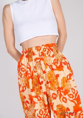 Pantalone in Cotone Fantasia floreale con tasche con elastico - ph 3