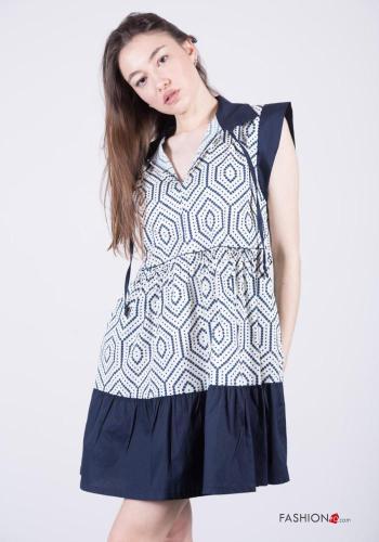 Geometrisches Muster ärmellos mit kragen knielanger Kleid aus Baumwolle mit Volants - ph 2