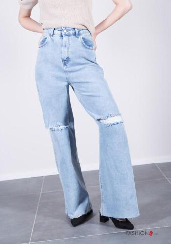 wide leg ripped Cotton Jeans with buttons with zip with pockets - ph 2