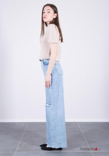 wide leg ripped Cotton Jeans with buttons with zip with pockets - ph 4