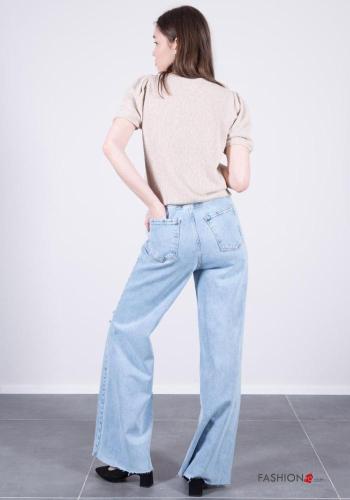 wide leg ripped Cotton Jeans with buttons with zip with pockets - ph 5