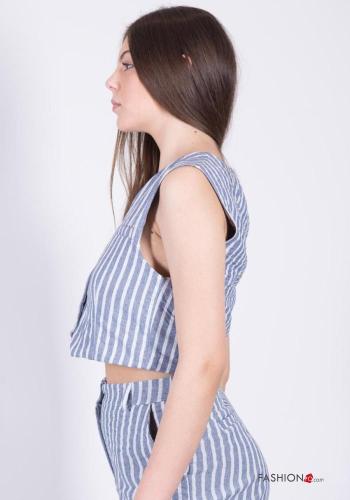 Striped sleeveless mini Cotton Gilet with buttons with v-neck - ph 3