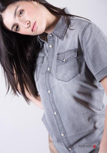 denim short sleeve Cotton Shirt with buttons with pockets - ph 2