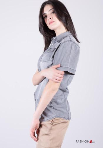 denim short sleeve Cotton Shirt with buttons with pockets - ph 3