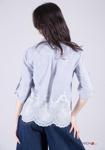 Camicia in Cotone con colletto Fantasia righe in pizzo sangallo con bottoni con tasche - ph 5