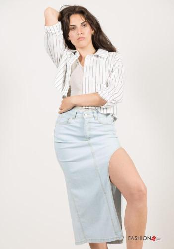 denim midi Cotton Skirt with split with zip with buttons with pockets - ph 2