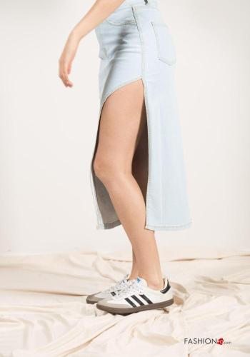 denim midi Cotton Skirt with split with zip with buttons with pockets - ph 3