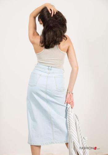 denim midi Cotton Skirt with split with zip with buttons with pockets - ph 4