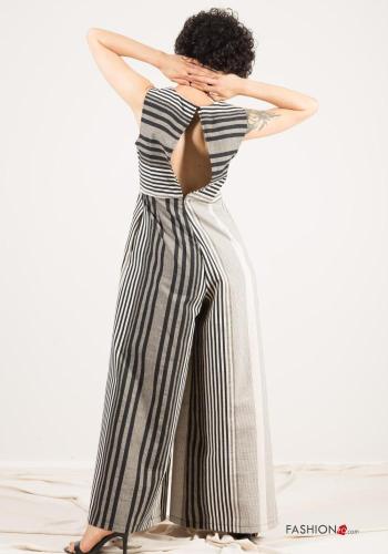 Jumpsuit in Cotone scollato sulla schiena wide leg girocollo Fantasia righe con tasche - ph 5