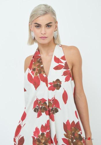 Vestido em Algodão longo sem mangas costas abertas Estampado folhas gola V - ph 2