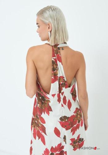 Vestido em Algodão longo sem mangas costas abertas Estampado folhas gola V - ph 3