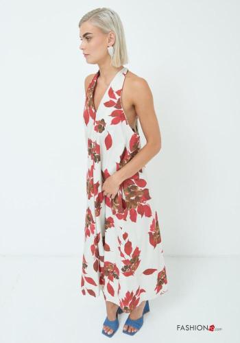 Vestido em Algodão longo sem mangas costas abertas Estampado folhas gola V - ph 4