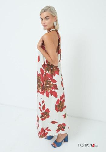Vestido em Algodão longo sem mangas costas abertas Estampado folhas gola V - ph 5