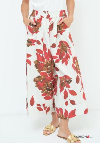 Calças em Algodão wide leg Estampado folhas com bolsos com elástico - ph 2
