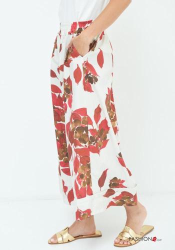 Calças em Algodão wide leg Estampado folhas com bolsos com elástico - ph 3
