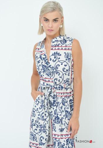 Floral long with collar Cotton Sleeveless Dress with fabric belt - ph 2