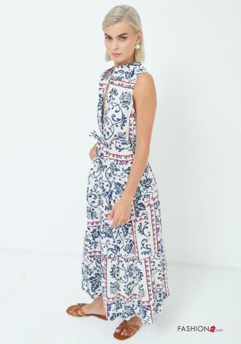 Floral long with collar Cotton Sleeveless Dress with fabric belt - ph 3