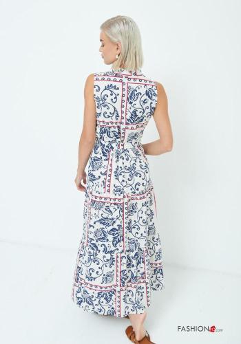 Floral long with collar Cotton Sleeveless Dress with fabric belt - ph 4
