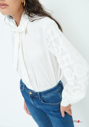 Chemise en Coton détail dentelle manches longues à boutons avec noeud - ph 3