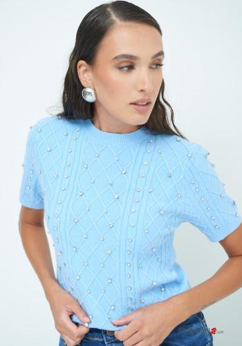 Camisola manga curta gola redonda Padrão bordado com strass - ph 2
